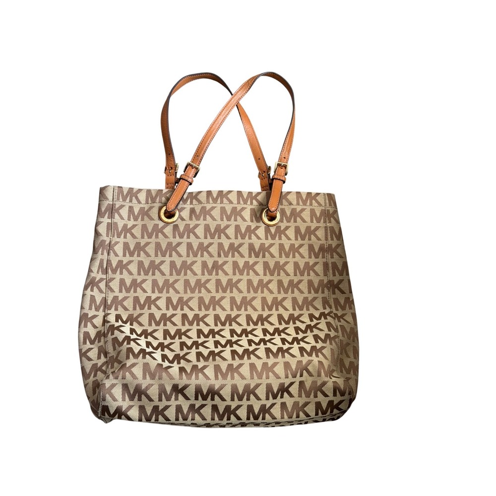 Michael Kors Tote Bag Womens Large Beige Brown MK Monogram Jacquard Canvas Work